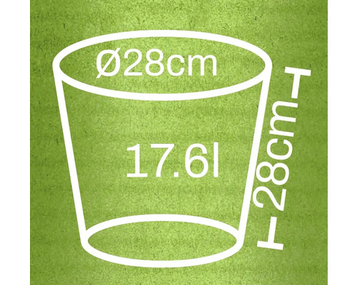 Afbeelding van de afmetingen van een plantenbak: diameter 28 cm, hoogte 28 cm, volume 17,6 l