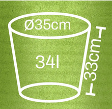 Afbeelding van een plantenbak met de afmetingen diameter 35 cm, hoogte 33 cm en inhoud 34 liter