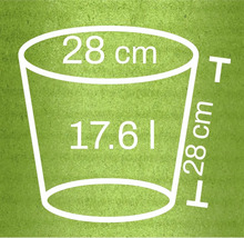 Illustratie van een plantenbak met de afmetingen 28 cm hoog, 28 cm diameter en 17,61 liter inhoud