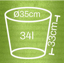 Schets van een plantenbak met de afmetingen diameter 35 centimeter, hoogte 33 centimeter en inhoud 34 liter.