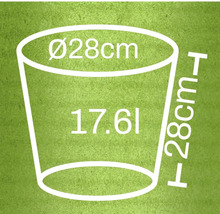 Bloempot met een diameter van 28 cm, een hoogte van 28 cm en een volume van 17,61 liter.