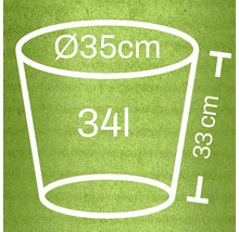 Illustratie van een plantenbak met de afmetingen diameter 35 cm, hoogte 33 cm en 34 liter inhoud