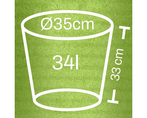 Illustratie van een plantenbak met de afmetingen diameter 35 cm, hoogte 33 cm en 34 liter inhoud