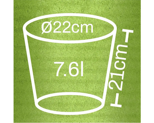 Illustratie van een plantenbak met de afmetingen diameter 22 cm, hoogte 21 cm en een inhoud van 7,6 liter
