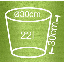 Illustratie van een plantenbak met de afmetingen 30 centimeter doorsnede, 30 centimeter hoogte en een inhoud van 22 liter