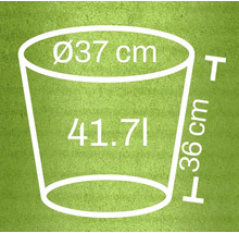 Schets van een plantenbak met de afmetingen 37 centimeter diameter, 36 centimeter hoogte en 41,71 liter inhoud