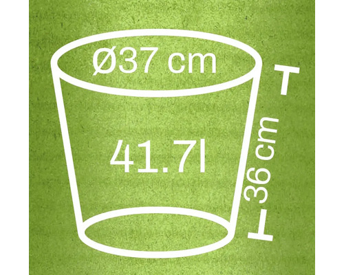 Schets van een plantenbak met de afmetingen 37 centimeter diameter, 36 centimeter hoogte en 41,71 liter inhoud