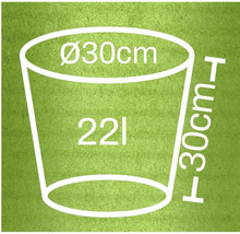 Schets van een plantenbak met afmetingen van 30 centimeter diameter, 30 centimeter hoog en een inhoud van 22 liter
