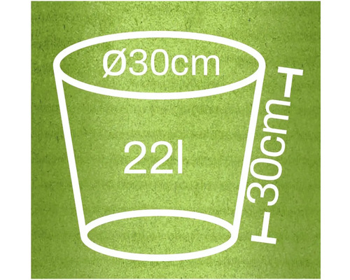 Schets van een plantenbak met afmetingen van 30 centimeter diameter, 30 centimeter hoog en een inhoud van 22 liter