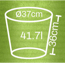Illustratie van een plantenbak met de afmetingen 37 centimeter diameter, 36 centimeter hoogte en 41,71 liter inhoud