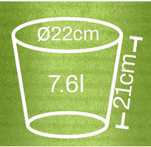 Schets van een plantenbak met de afmetingen 22 cm diameter, 21 cm hoogte en 7,6 liter volume
