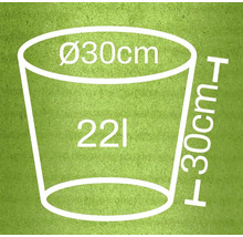 Diagram van een plantenbak met afmetingen 30 cm diameter en 30 cm hoogte, inhoud 22 liter