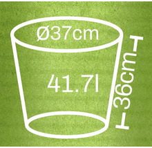 Afbeelding van een plantenbak met afmetingen: diameter 37 cm, hoogte 36 cm en een inhoud van 41,71 liter.