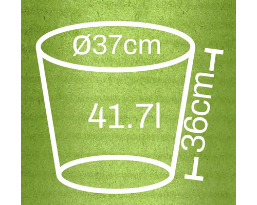 Afbeelding van een plantenbak met afmetingen: diameter 37 cm, hoogte 36 cm en een inhoud van 41,71 liter.
