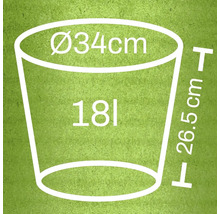 Illustratie van een plantenbak met de afmetingen: diameter 34 cm, hoogte 26,5 cm en inhoud 18 liter.