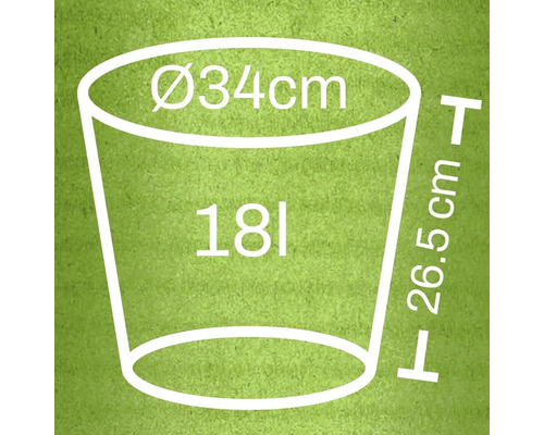 Illustratie van een plantenbak met de afmetingen: diameter 34 cm, hoogte 26,5 cm en inhoud 18 liter.