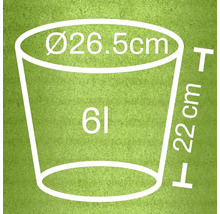 Technische tekening van een plantenbak met afmetingen van 26,5 cm doorsnee en 22 cm hoogte, en een inhoud van 6 liter