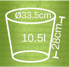 Illustratie van een plantenbak met een diameter van 33,5 cm, een hoogte van 28 cm en een inhoud van 10,5 liter