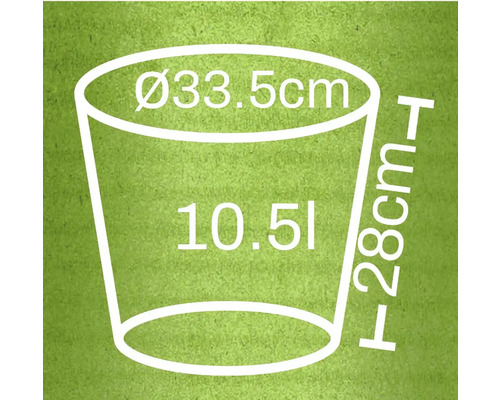 Illustratie van een plantenbak met een diameter van 33,5 cm, een hoogte van 28 cm en een inhoud van 10,5 liter