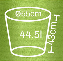 Schets van een plantenbak met maatvoering: diameter 55 centimeter, hoogte 43 centimeter, inhoud 44,51 liter