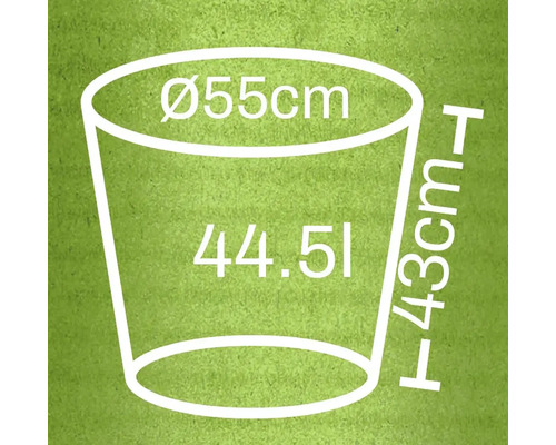 Schets van een plantenbak met maatvoering: diameter 55 centimeter, hoogte 43 centimeter, inhoud 44,51 liter