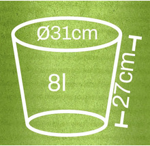 Maatschets plantenbak: diameter 31 cm, hoogte 27 cm, inhoud 8 liter