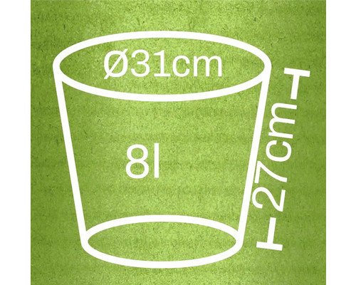 Maatschets plantenbak: diameter 31 cm, hoogte 27 cm, inhoud 8 liter