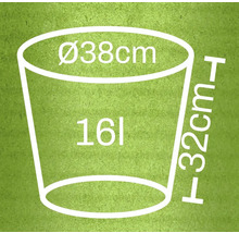 Illustratie van een plantenbak met de afmetingen: diameter 38 centimeter, hoogte 32 centimeter en een volume van 16 liter.