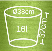 Plantpot met afmetingen diameter 38 cm, hoogte 32 cm en 16 liter inhoud