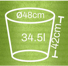 Illustratie van een bloempot met de afmetingen diameter 48 cm, hoogte 42 cm en een inhoud van 34,5 liter