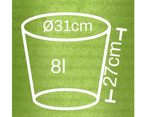 Afbeelding met afmetingen van een bloempot: 31 centimeter diameter, 27 centimeter hoogte, 8 liter volume