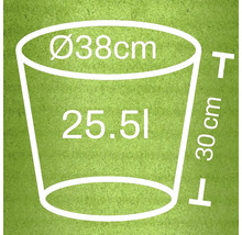 Schets van een plantenbak met afmetingen van 38 cm diameter, 30 cm hoogte en 25,51 liter inhoud