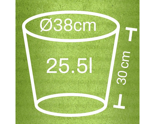 Schets van een plantenbak met afmetingen van 38 cm diameter, 30 cm hoogte en 25,51 liter inhoud