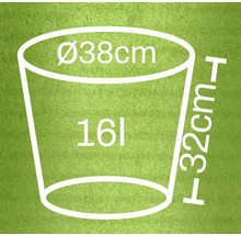 Afbeelding van een plantenbak met de afmetingen diameter 38 centimeter, hoogte 32 centimeter en inhoud 16 liter