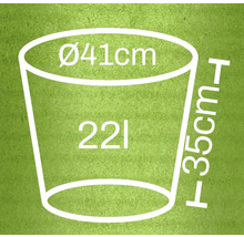 Technische tekening van een plantenbak met de afmetingen diameter 41 cm, hoogte 35 cm en 22 liter inhoud