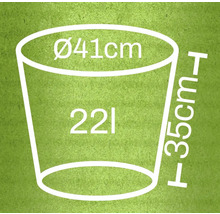 Diagram van een plantenbak met afmetingen van 41 centimeter diameter, 35 centimeter hoogte en een inhoud van 22 liter