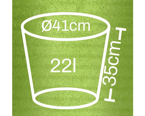 Diagram van een plantenbak met afmetingen van 41 centimeter diameter, 35 centimeter hoogte en een inhoud van 22 liter