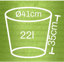 Illustratie van een plantenbak met afmetingen van 41 cm diameter, 35 cm hoogte en 22 liter volume