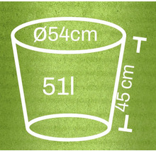 Technische tekening van een plantenbak met de afmetingen diameter 54 centimeter, hoogte 45 centimeter en inhoud 51 liter