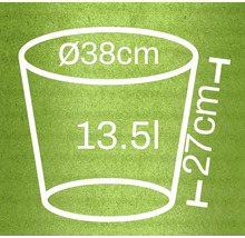Afmetingen plantenbak: diameter 38 cm, hoogte 27 cm, inhoud 13,5 liter