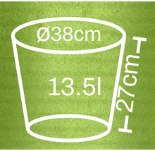 Technische tekening van een plantenbak met de afmetingen diameter 38 cm, hoogte 27 cm en 13,5 liter inhoud