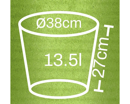 Technische tekening van een plantenbak met de afmetingen diameter 38 cm, hoogte 27 cm en 13,5 liter inhoud