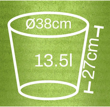 Illustratie van een plantenbak met de afmetingen 38 cm diameter, 27 cm hoogte en 13,5 liter inhoud
