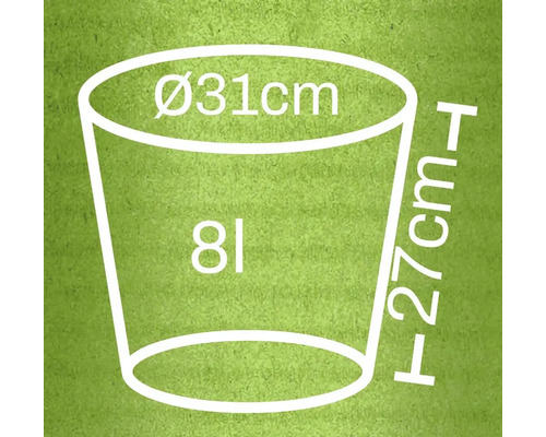 Afbeelding met maatvoering: diameter 31 centimeter, hoogte 27 centimeter, inhoud 8 liter