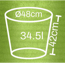 Illustratie van een bloempot met de afmetingen diameter 48 cm, hoogte 42 cm en inhoud 34,5 liter