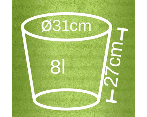 Schets van een plantenbak met afmetingen 31 centimeter diameter en 27 centimeter hoogte, inhoud acht liter