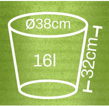 Schematische tekening van een plantenbak met afmetingen 38 centimeter diameter, 32 centimeter hoogte en 16 liter volume
