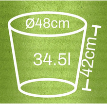 Diagram van een plantenbak met afmetingen van 48 centimeter diameter, 42 centimeter hoogte en 34,51 liter volume
