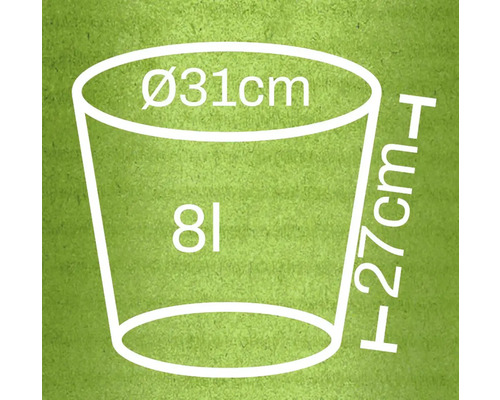 Schets van een plantenbak met de afmetingen diameter 31 centimeter, hoogte 27 centimeter en 8 liter inhoud