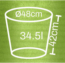 Illustratie van een plantenbak met afmetingen diameter 48 cm, hoogte 42 cm en 34,51 liter inhoud